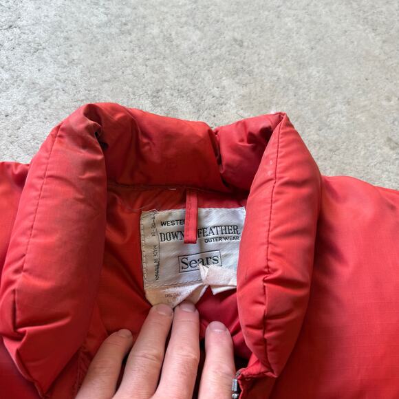 Men's Vintage 80's Sears Western Goose Down Orange Puffer Zip Up Vest Sz Large - Picture 4 of 7